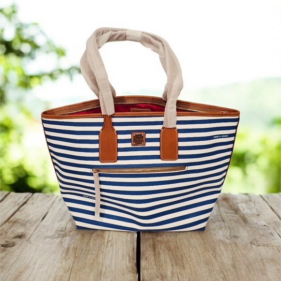 NWT Dooney & Bourke Blue and White Striped Coastal Preppy Shoulder Bag/Tote - Picture 2 of 10